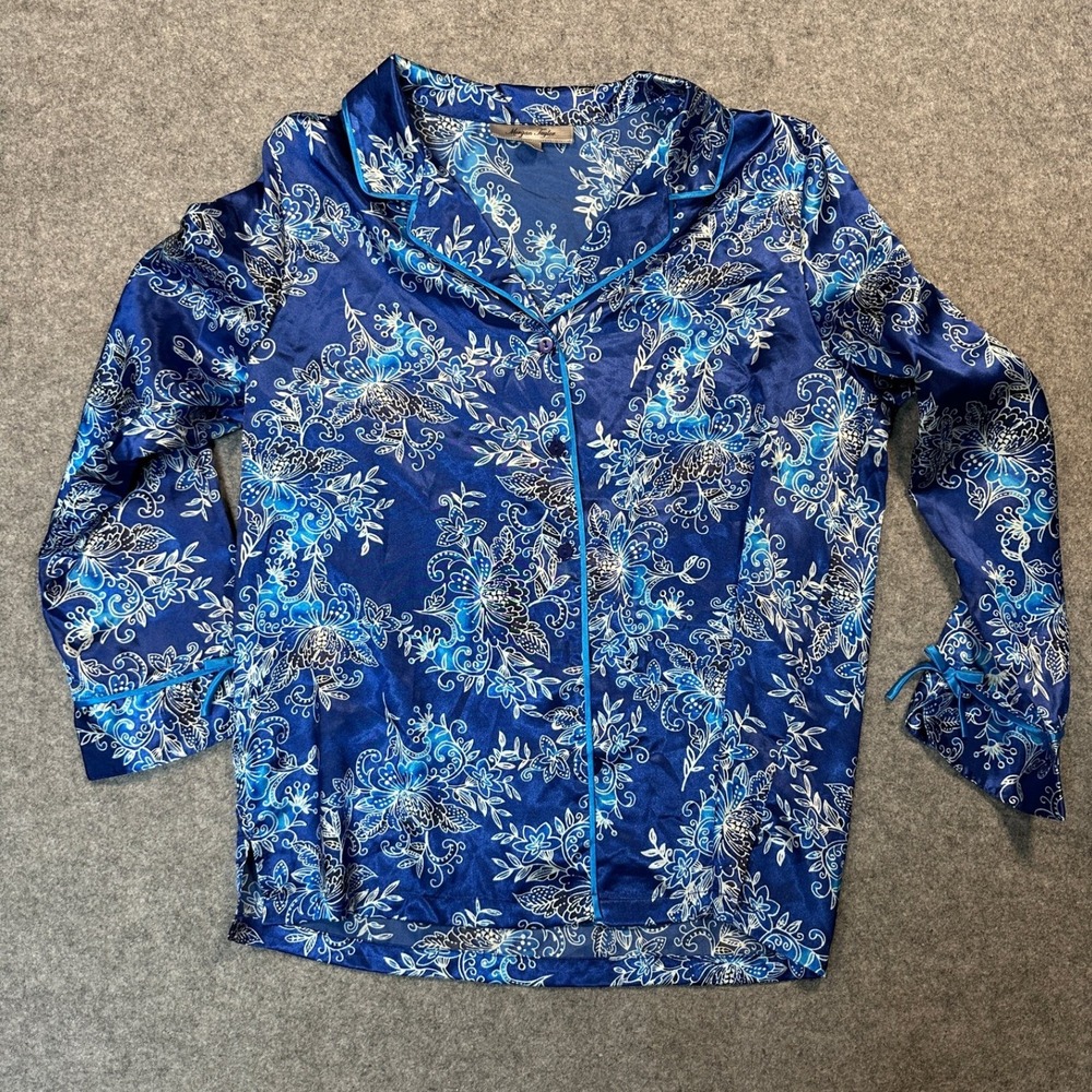 Morgan Taylor Intimates Pajama Top‎ Medium Blue Floral Satin Button Down